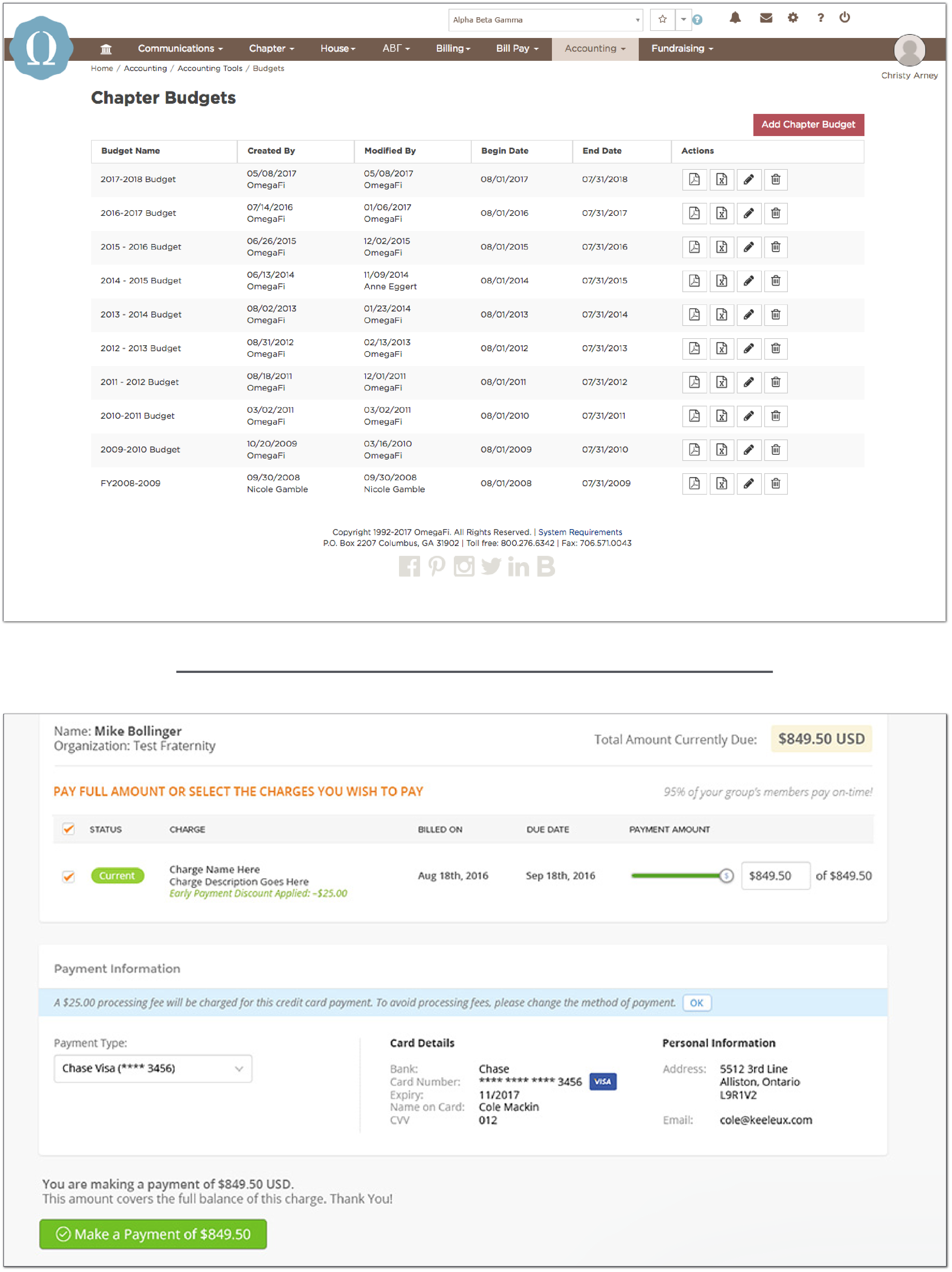 OmegaFi’s chapter management software.