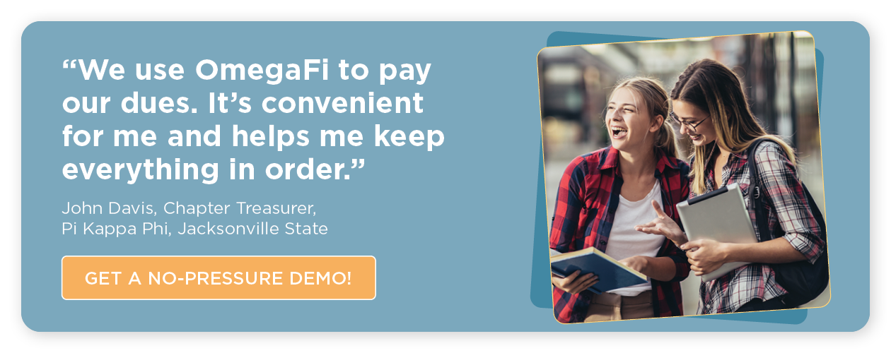 Click to book a free demo of the top sorority billing software, OmegaFi.
